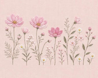 Pink Wildflower Border Embroidery Design, Cosmos Daisy Flower Line, Spring Floral Machine Embroidery File