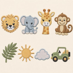 May include: A collection of embroidered patches featuring a lion head, a gray elephant, a giraffe, a monkey, a green palm leaf, a yellow sun, a light blue cloud, and a green off-road vehicle. Each patch has detailed stitching and outlines.