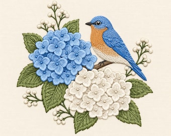 Disegno per ricamo Bluebird Hydrangea, file per ricamo a macchina con uccellino floreale blu e bianco, elegante motivo botanico da giardino, download digitale