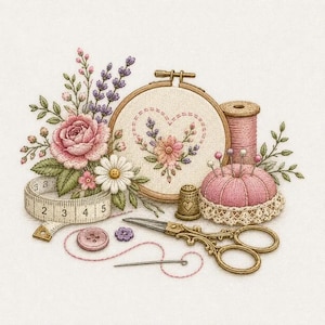 May include: An embroidery hoop with a heart floral design, a pink pincushion, a spool of pink thread, gold thimble, scissors, a measuring tape showing 5 inches, a needle, and buttons. The scene features embroidered roses and lavender.