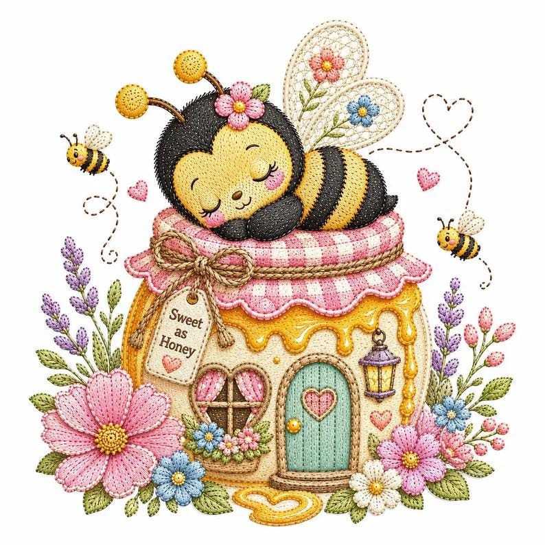 May include: An embroidered illustration of a sleeping bee resting on a honey jar house. The jar has a pink gingham lid, a tag reading Sweet as Honey, a teal door, and a heart-shaped window. Surrounded by pink, blue, and purple flowers and bees.