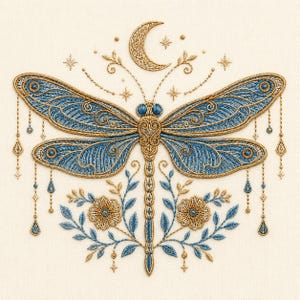 Celestial Blue Dragonfly with Moon and Gold Florals, Magical Boho Machine Embroidery Design for Jackets, Totes and Statement Decor