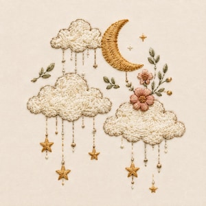 May include: An embroidery design on cream fabric featuring three textured white clouds, a golden crescent moon, and two pink flowers with green leaves. Dangling from the clouds are gold-colored star charms and small beads on thin threads.