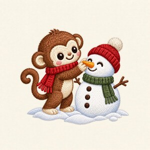 May include: An embroidered design featuring a brown monkey with a cream-colored face and belly, wearing a red scarf, standing on a patch of white snow. The monkey is touching the orange carrot nose of a white snowman wearing a red hat and green scarf.