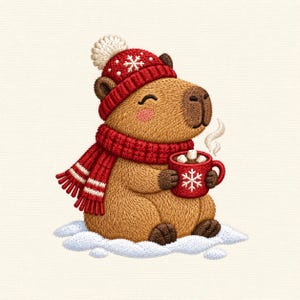 May include: An embroidered illustration of a brown capybara wearing a red knit hat with a white pom-pom and a matching red scarf. The capybara holds a red mug filled with hot cocoa and marshmallows, sitting on a patch of white snow.