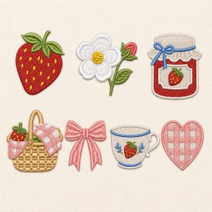 May include: A collection of embroidered patches featuring a red strawberry, a white flower, a jar of red jam with a blue bow, a woven picnic basket with a checkered cloth, a pink bow, a teacup with a strawberry motif, and a pink checkered heart.