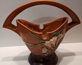 Roseville Freesia Basket Vase Planter 390-7 Tangerine Brown Orange 1940s