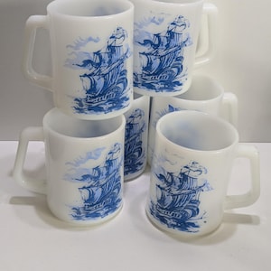 Vintage Coffee Cups From Federal Glass, Milk Glass With Blue Two Masted Ship Decal