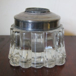 Antique Inkwell Heavy Glass With Silver Plate Top