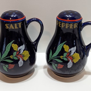 Salt And Pepper Shaker Set By Hall China Blue Blossom Handled  With Red Trim Accent - VERY RARE