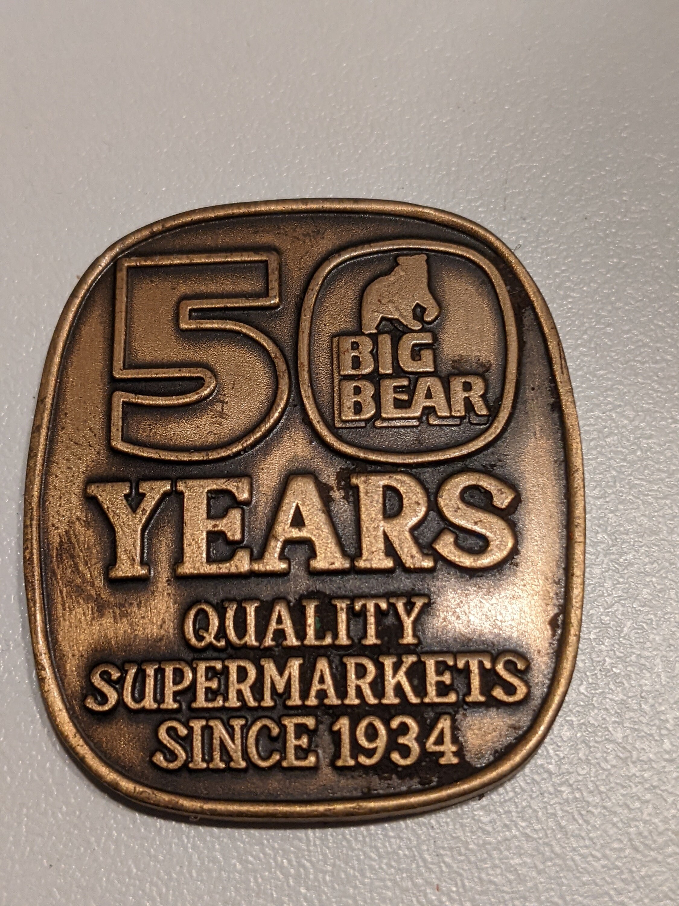 Vintage Big Bear Grocery Store 50th Anniversary Medallion, Brass From