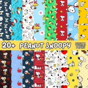 May include: A collection of digital papers featuring Snoopy and Woodstock in various scenes, colors, and patterns. The image includes text that reads 20+ PEANUT SNOOPY DIGITAL PAPERS. The designs showcase characters on backgrounds of blue, red, yellow, and white.