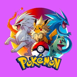 May include: A colorful graphic illustration featuring four animated creatures surrounding a red and white Pok&eacute; Ball. A yellow and blue Pok&eacute;mon logo is positioned at the bottom. The background is a circular gradient of red, orange, and blue.