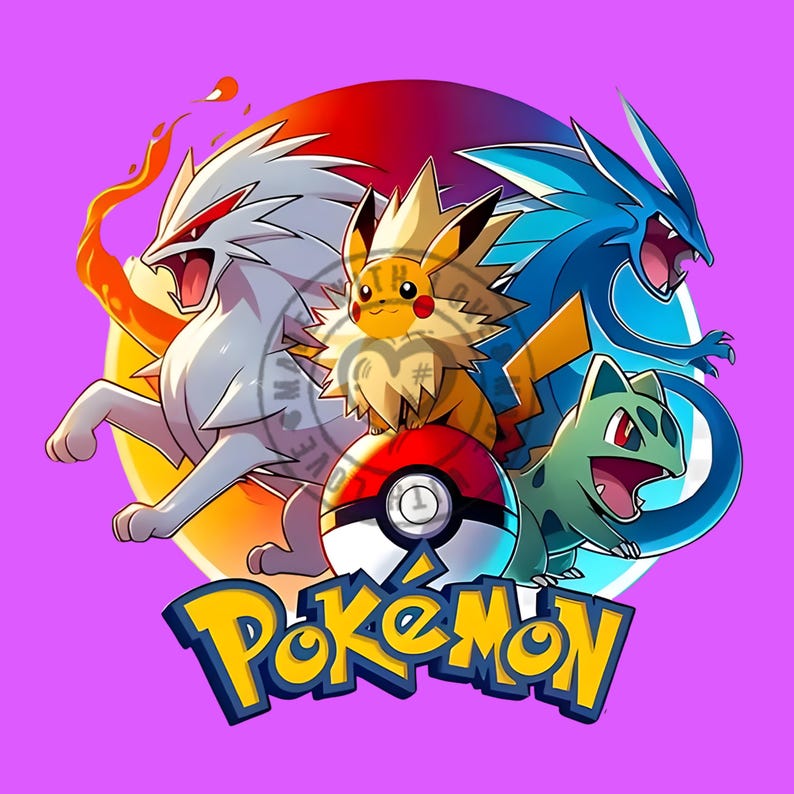 May include: A colorful graphic illustration featuring four animated creatures surrounding a red and white Pok&eacute; Ball. A yellow and blue Pok&eacute;mon logo is positioned at the bottom. The background is a circular gradient of red, orange, and blue.