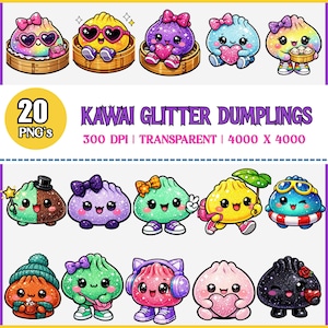 Puede incluir: Una colección digital de 20 ilustraciones de albóndigas brillantes con varios personajes de texturas coloridas y centelleantes, accesorios como lazos, sombreros y corazones, y el texto Kawai Glitter Dumplings 300 DPI Transparent 4000 x 4000.