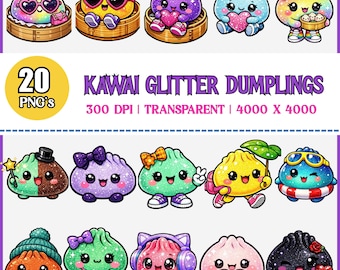 Glitter Dumpling Clipart png Bundle Söt Kawaii Dumpling Clip Art Glittrande Matfigurer Nyckfull Asiatisk Matgrafik Digitala Nedladdningar