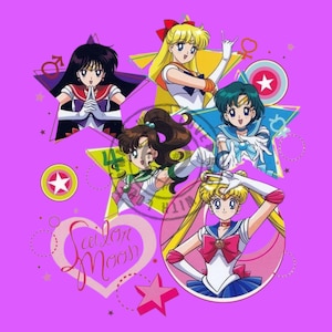 May include: A vibrant purple graphic featuring five anime characters in sailor-style uniforms. The characters are arranged within star and circle shapes, accompanied by planetary symbols and a pink heart containing the cursive text Sailor Moon.