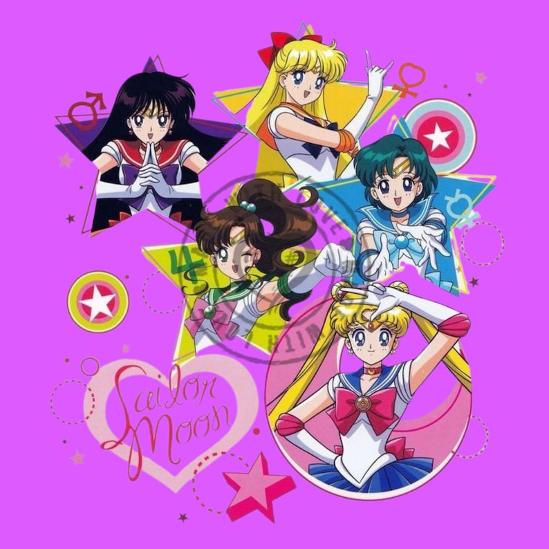 May include: A vibrant purple graphic featuring five anime characters in sailor-style uniforms. The characters are arranged within star and circle shapes, accompanied by planetary symbols and a pink heart containing the cursive text Sailor Moon.