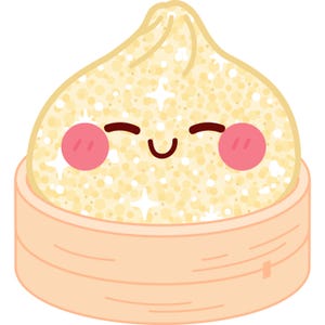 Op de afbeelding: Een cartoonillustratie van een beige knoedel met een getextureerd oppervlak, voorzien van een lachend gezicht met gesloten ogen, roze ronde wangen en witte stervormige glinsteringen, rustend in een lichtbruine bamboe stoommand.