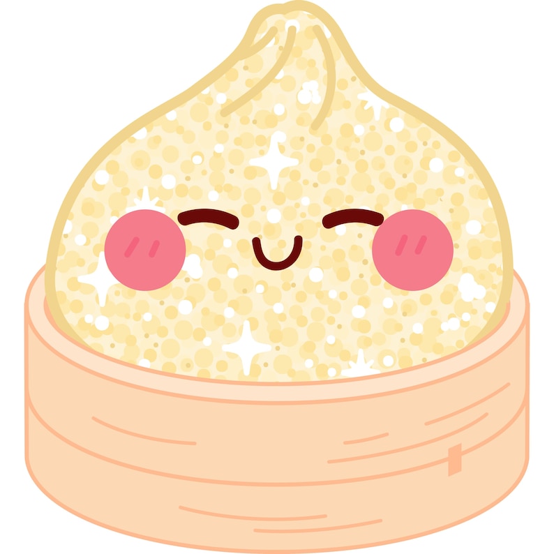 Op de afbeelding: Een cartoonillustratie van een beige knoedel met een getextureerd oppervlak, voorzien van een lachend gezicht met gesloten ogen, roze ronde wangen en witte stervormige glinsteringen, rustend in een lichtbruine bamboe stoommand.