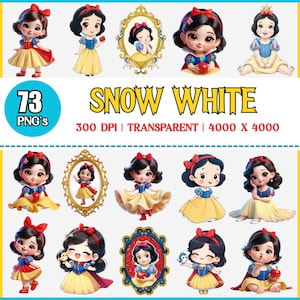 Op de afbeelding: Een digitale collectie van 73 Snow White PNG-bestanden met diverse illustraties van het personage in een blauwe en gele jurk met een rode strik. De tekst luidt SNOW WHITE, 300 DPI, TRANSPARENT en 4000 X 4000, gepresenteerd in een raster.