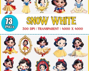 Snövit Clipart-paket | Sju dvärgar akvarell PNG | Prinsessfödelsedagsfest | Digital nedladdning av barnrumskonst i skogsmark