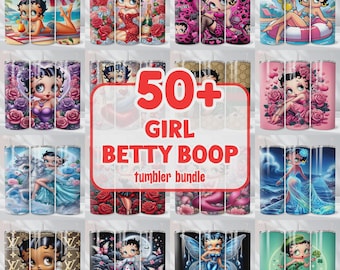 50+ Betty Girl tecknade tumbler PNG-paketdesigner digital nedladdning