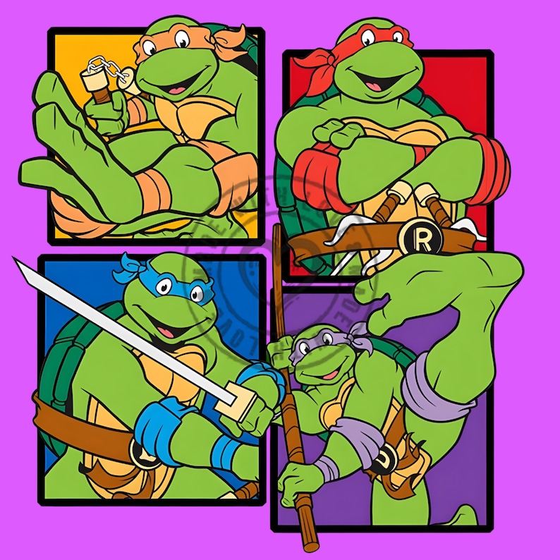 May include: A graphic illustration featuring four green turtles in separate square frames. One turtle wears an orange mask with nunchucks, one a red mask with sai, one a blue mask with a katana, and one a purple mask holding a wooden bo staff.