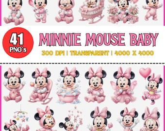 Minnie Mouse rosa akvarell söt digitalt kit baby Minnie Mouse rosa digitalt kit akvarell clipart för barn digital nedladdning