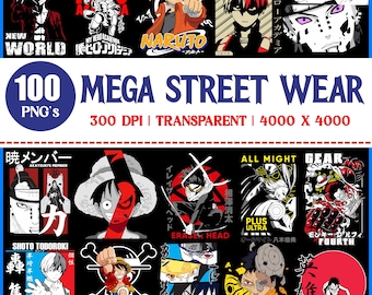 100 streetwear-collectie trendy ontwerpen T-shirtontwerpen in png-bestand Digitale download Instant