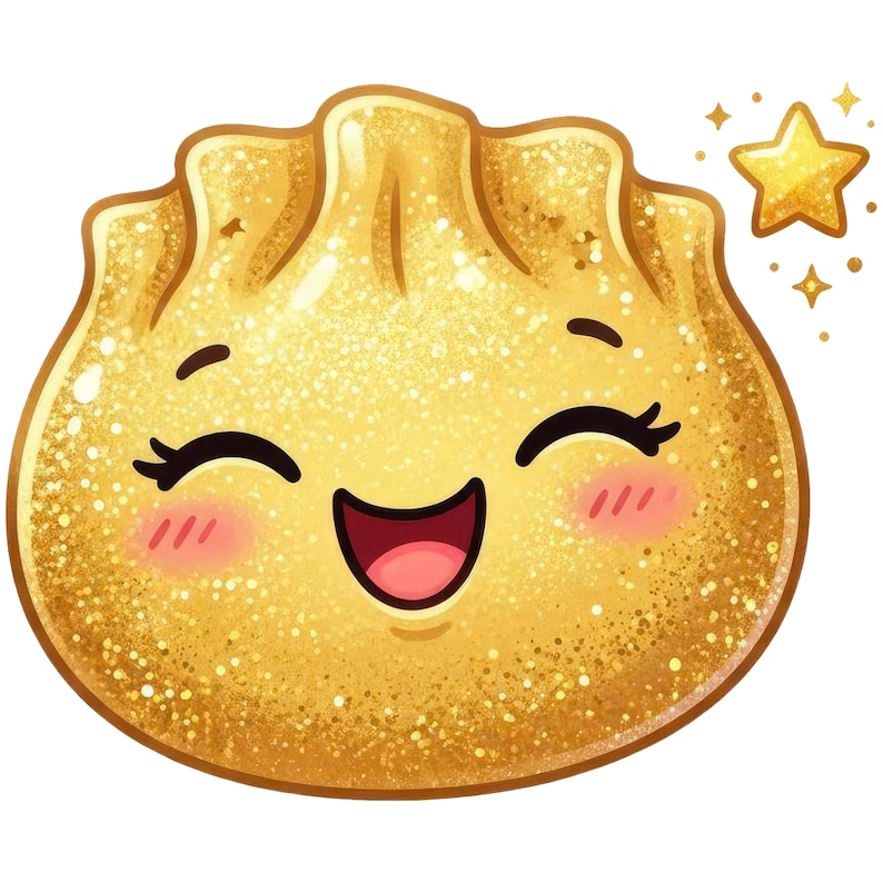 Op de afbeelding: Een gouden, glitterende knoedelillustratie met een vrolijk, lachend gezicht, gesloten ogen, roze blosjes op de wangen en een open mond. Een kleine, fonkelende gele ster bevindt zich rechtsboven de knoedelfiguur.