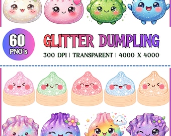 May include: A collection of 60 digital illustrations featuring glittery, anthropomorphic dumplings with smiling faces. The set includes various colors like pink, green, blue, and rainbow, some sitting in bamboo steamers, with the text GLITTER DUMPLING.