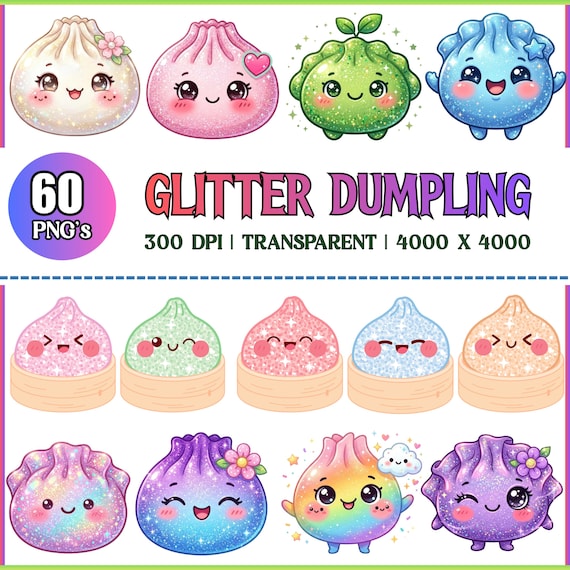 Glitter Dumpling Clipart PNG Bundle, Cute Kawaii Dumpling Clip Art, Sparkly Food Characters, Whimsical Asian Food Graphics, Digital Download
