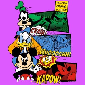 May include: A vibrant purple graphic print featuring Goofy, Donald Duck, and Mickey Mouse in a comic book style. The design includes action panels with the text WHAM! BAM! CATCH ME IF YOU CAN, CRASH!, WHOOOSHH!, POW, and KAPOW! in bold lettering.
