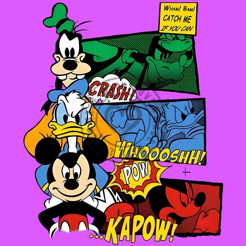May include: A vibrant purple graphic print featuring Goofy, Donald Duck, and Mickey Mouse in a comic book style. The design includes action panels with the text WHAM! BAM! CATCH ME IF YOU CAN, CRASH!, WHOOOSHH!, POW, and KAPOW! in bold lettering.