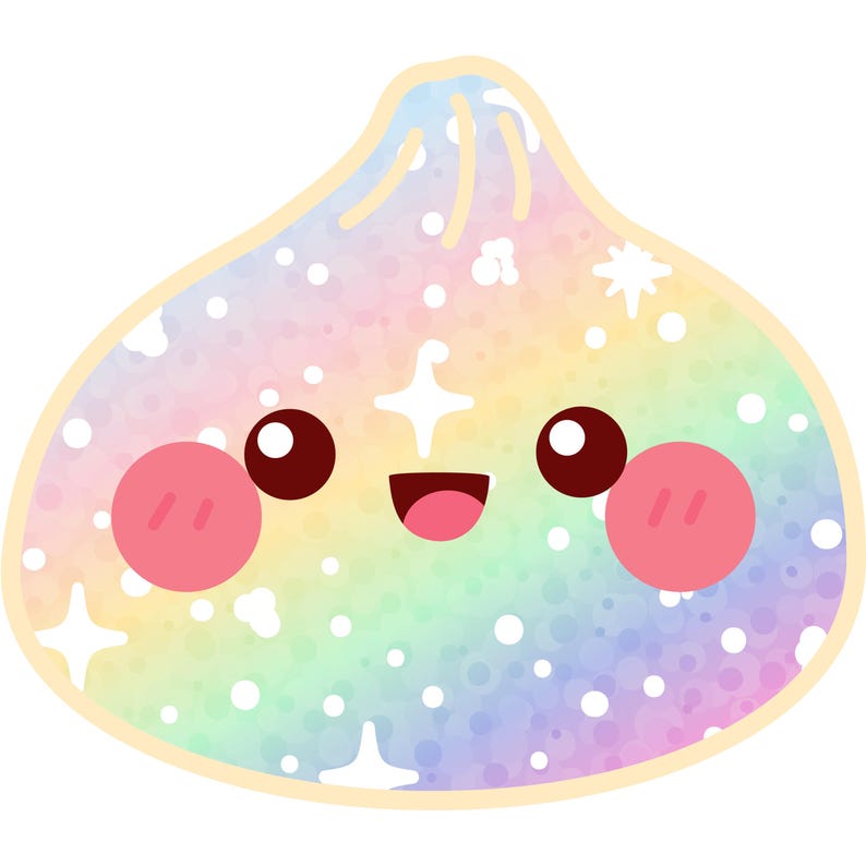 Op de afbeelding: Een sticker met een afgerond, knoedelvormig personage met een regenboog-aquarelverloop. Het personage heeft twee grote zwarte ogen, een kleine glimlachende mond en twee ronde roze wangen, geaccentueerd door witte sterren en stippenpatronen.