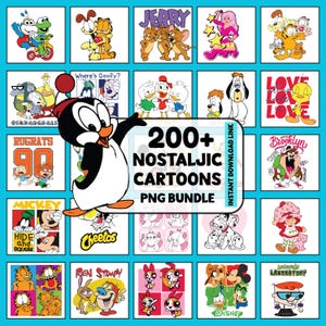 May include: A digital collection of 200+ nostalgic cartoon PNG files featuring various animated characters like Chilly Willy, Garfield, Tom and Jerry, and Mickey Mouse. The central text reads 200+ NOSTALGIC CARTOONS PNG BUNDLE INSTANT DOWNLOAD LINK.