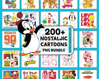 200+ nostalgische cartoon PNG-bundel, retrofiguren, T-shirtontwerp clipart (directe download)