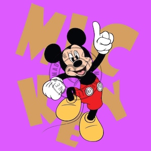 May include: A graphic illustration of Mickey Mouse with black ears, a tan face, red shorts with two white buttons, and large yellow shoes. The character is posed with one hand raised against a bright purple background featuring the word MICKEY in tan.