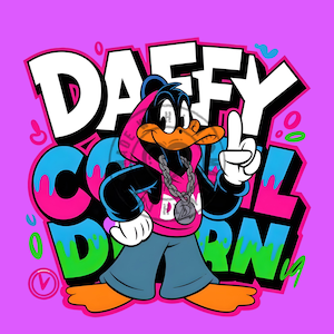 May include: A graphic illustration of a black duck character wearing a pink hoodie, blue pants, and a silver chain with a letter D pendant. The character is pointing upward against a bright pink background with the text DAFFY COOL DORN in bold.