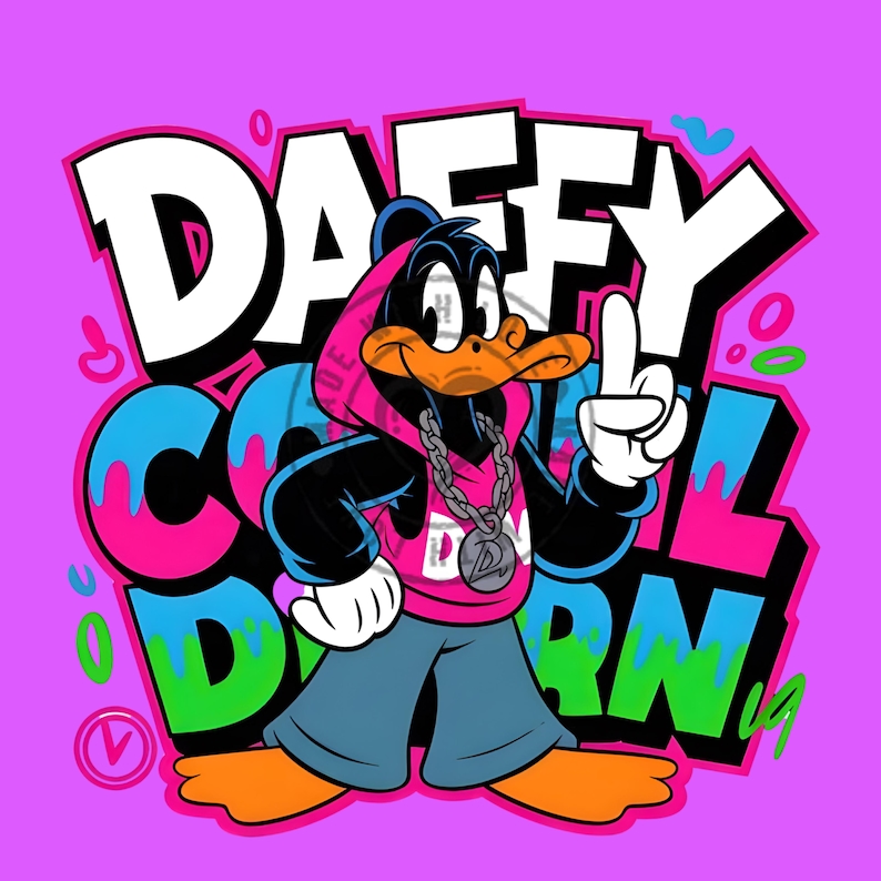May include: A graphic illustration of a black duck character wearing a pink hoodie, blue pants, and a silver chain with a letter D pendant. The character is pointing upward against a bright pink background with the text DAFFY COOL DORN in bold.