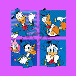 May include: A graphic print featuring four panels of Donald Duck in various poses and expressions, including laughing, pointing, and looking concerned, alongside Daisy Duck, set against a bright purple background with blue patterned squares.