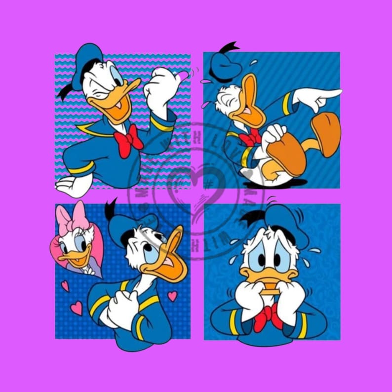 May include: A graphic print featuring four panels of Donald Duck in various poses and expressions, including laughing, pointing, and looking concerned, alongside Daisy Duck, set against a bright purple background with blue patterned squares.