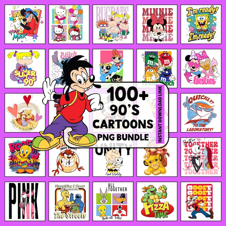 May include: A digital collection of 100+ 90's cartoons PNG files featuring various animated characters like Max, Hello Kitty, Rugrats, Minnie Mouse, SpongeBob, and others, displayed in a grid layout with a central text overlay reading 100+ 90's CARTOONS PNG BUNDLE.