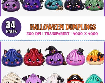Glitter Halloween Dumpling PNG-paket, söt kawaii Halloween Dumpling ClipArt, glittrande kusliga matfigurer, omedelbar digital nedladdning