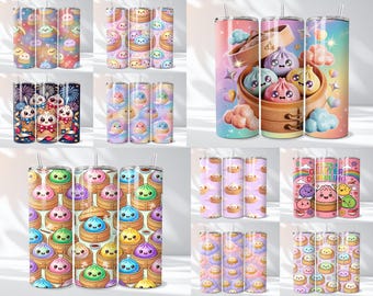 Dumpling Tumbler Wrap PNG-paket, 20oz smal tumbler sublimering, kawaii mat PNG, söta pastellfärgade regnbågsmuggdesigner, dumpling-nedladdning