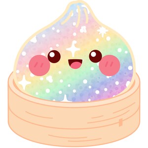 Op de afbeelding: Een getekende dumpling met een regenboogkleurig, met sterren bespikkeld oppervlak, voorzien van een lachend gezicht met grote zwarte ogen en roze ronde wangen, rustend in een lichtbruine, cilindrische bamboe stoommand.