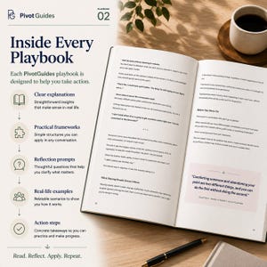 May include: An open PivotGuides playbook 02 with dark blue text on white pages, featuring sections on clear explanations, practical frameworks, reflection prompts, real-life examples, and action steps. A black pen rests on the page surface.