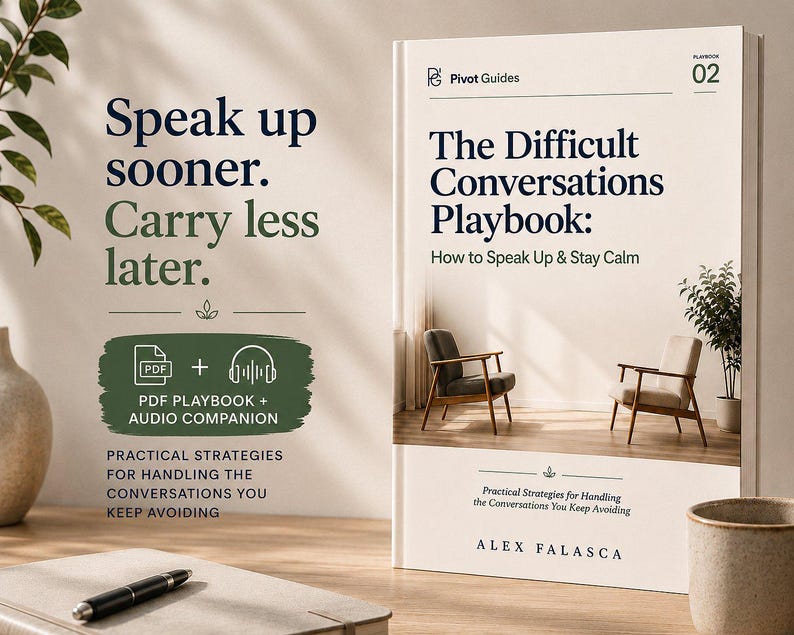 May include: A book titled The Difficult Conversations Playbook: How to Speak Up & Stay Calm by Alex Falasca. The cover features a room with two chairs and a plant. Text includes Speak up sooner. Carry less later. and PDF Playbook + Audio Companion.