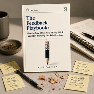 Könnte beinhalten: Ein Buch mit dem Titel The Feedback Playbook: How to Say What You Really Think Without Hurting the Relationship von Alex Falasca. Der Einband ist cremefarben mit dunkelblauem Text und einer zentralen Bleistiftillustration. Vier gelbe Haftnotizen.